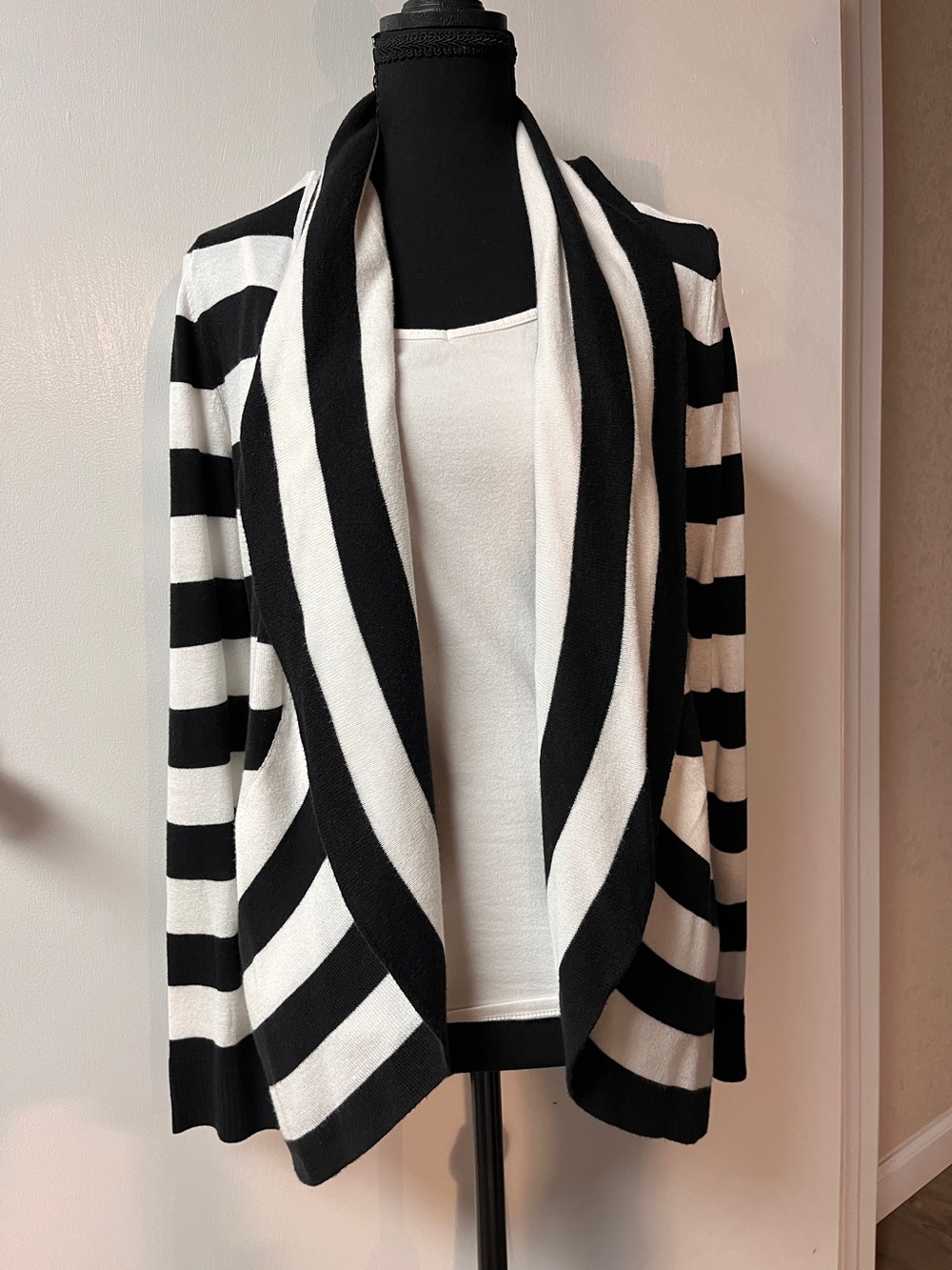 Premise Black and White Striped Open-Front Cardigan